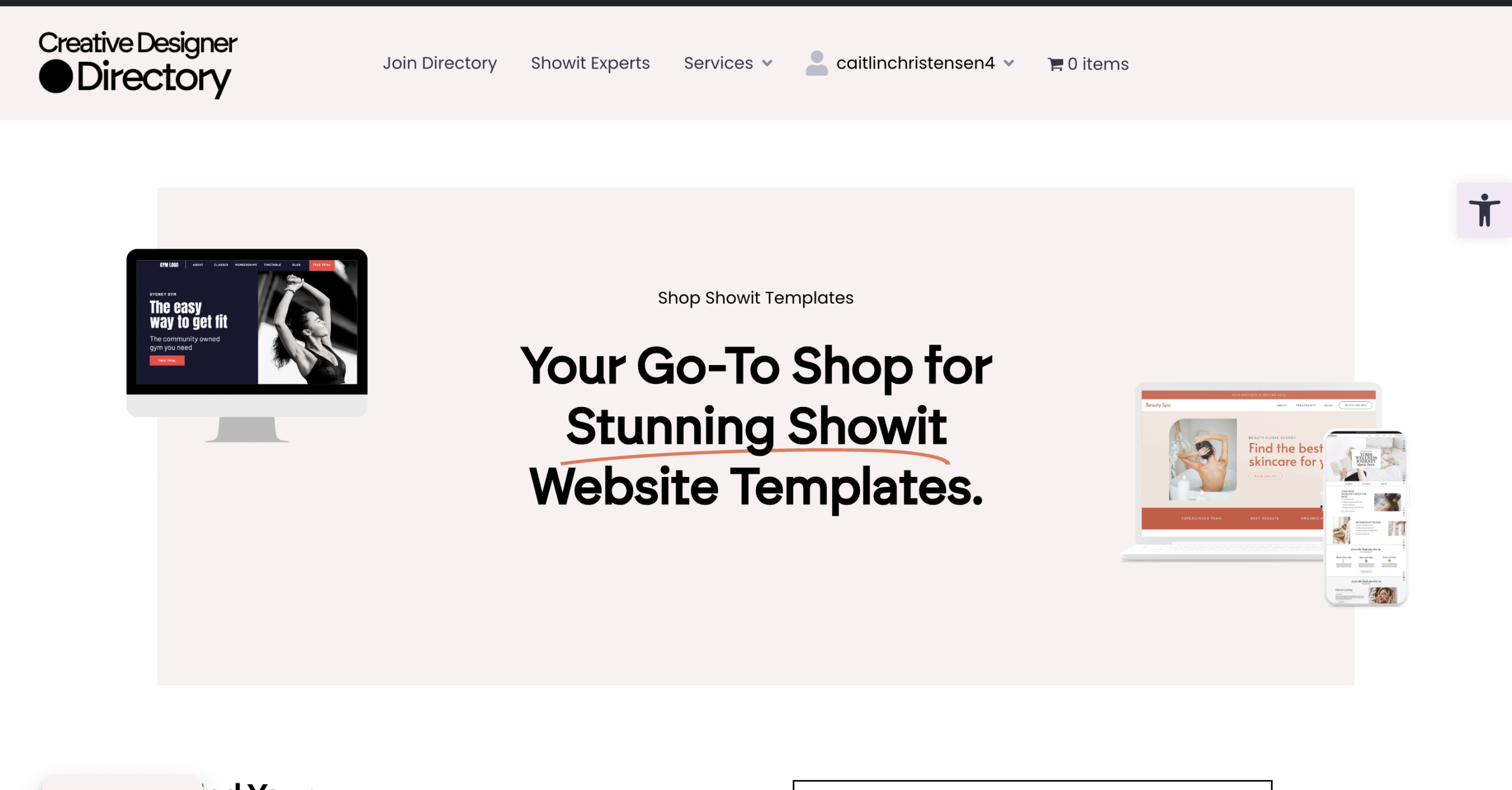 Creative Designer Directory marketplace showcasing Showit website templates on desktop, laptop, and mobile devices