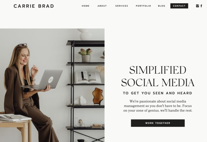 Minimalist Showit template with a clean, modern design, featuring bold typography, a neutral color palette, and a professional layout—perfect for copywriters, social media managers, and creative entrepreneurs.