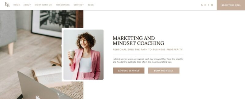 Elegant Showit website template featuring a soft neutral color palette, modern typography, and a welcoming layout for marketing and mindset coaching businesses.