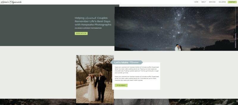 Earthy and organic Showit template featuring nature-inspired tones, perfect for adventurous wedding photographers capturing heartfelt love stories in scenic landscapes.
