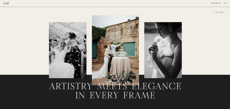 Sophisticated Showit template "Leah" featuring an elegant and artistic design for wedding photographers.