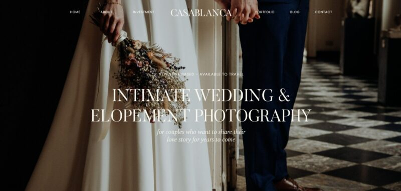 Moody Showit template "Casablanca" featuring a romantic and intimate design for wedding and elopement photographers.