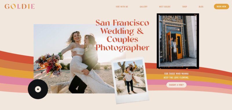 Retro-inspired Showit template with bold typography and vibrant hues, perfect for fun-loving wedding photographers who capture lively, joy-filled love stories.