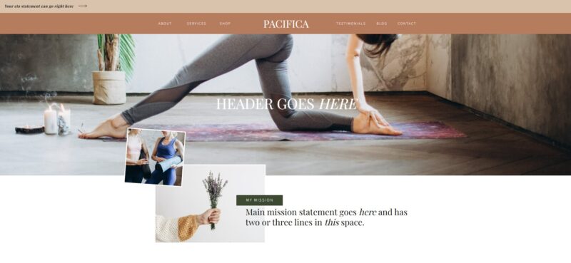 Elegant Showit template with a serene yoga-inspired design, featuring soft earthy tones, modern typography, and an inviting layout for wellness professionals.