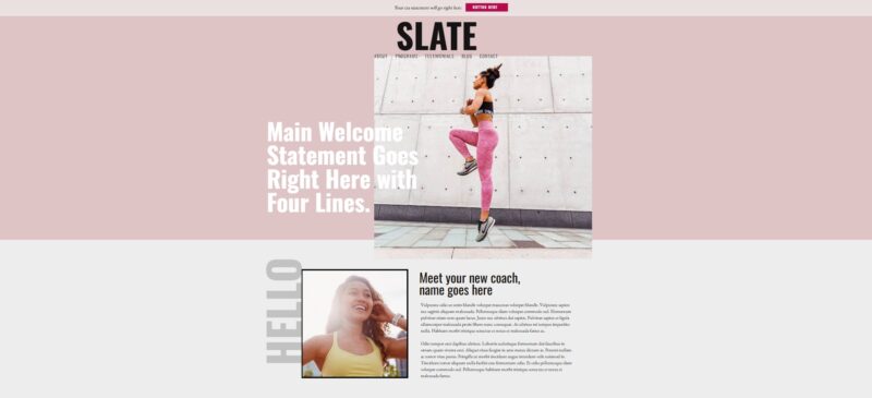 Bold Showit template with a modern, energetic design, featuring dynamic typography, soft pink tones, and a strong visual focus on movement and motivation.