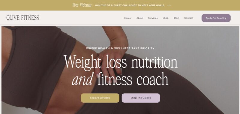 Sophisticated Showit template with a warm, inviting design, featuring elegant typography, earthy tones, and a professional layout for fitness and wellness coaches.