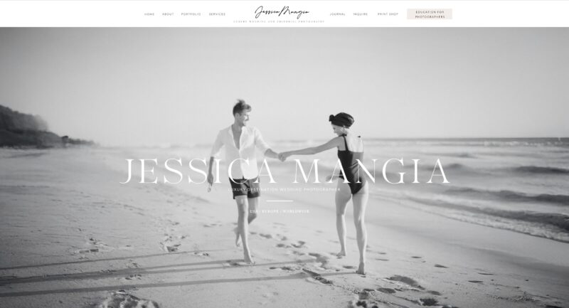 Elegant Showit website template for wedding photographer Jessica Mangia, featuring a romantic black-and-white beach scene.