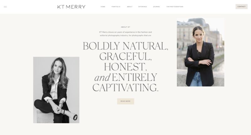 Sophisticated Showit website template for wedding photographer KT Merry, showcasing a refined, editorial-inspired design.