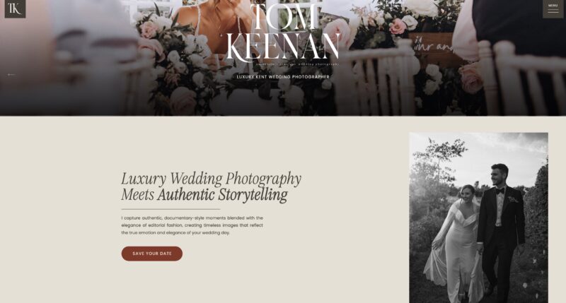 Refined Showit website template for wedding photographer Tom Keenan, combining luxury aesthetics with authentic storytelling.