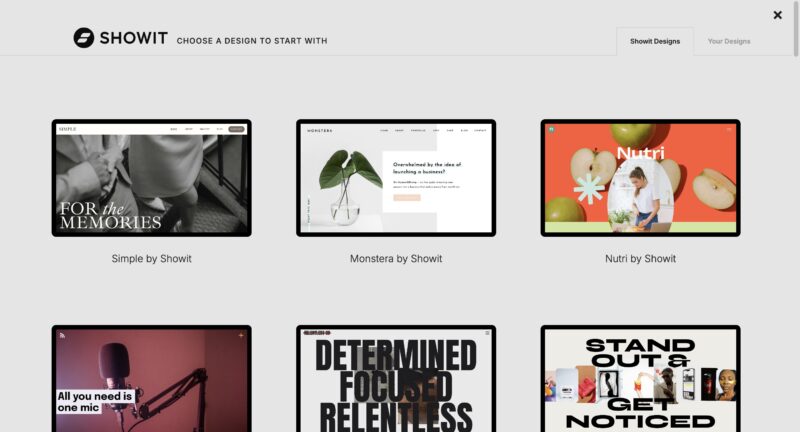 Free Showit templates selection screen displaying six free starter designs including “Simple,” “Monstera,” “Nutri,” “Relentless,” and others, each with a distinct layout and design style.