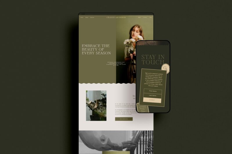 A botanical-inspired Showit website template displayed on both a desktop and mobile screen, featuring muted green tones, serif typography, and nature photography. The desktop view showcases a homepage with the headline “Embrace the Beauty of Every Season,” while the mobile screen highlights an email opt-in form titled “Stay in Touch.”