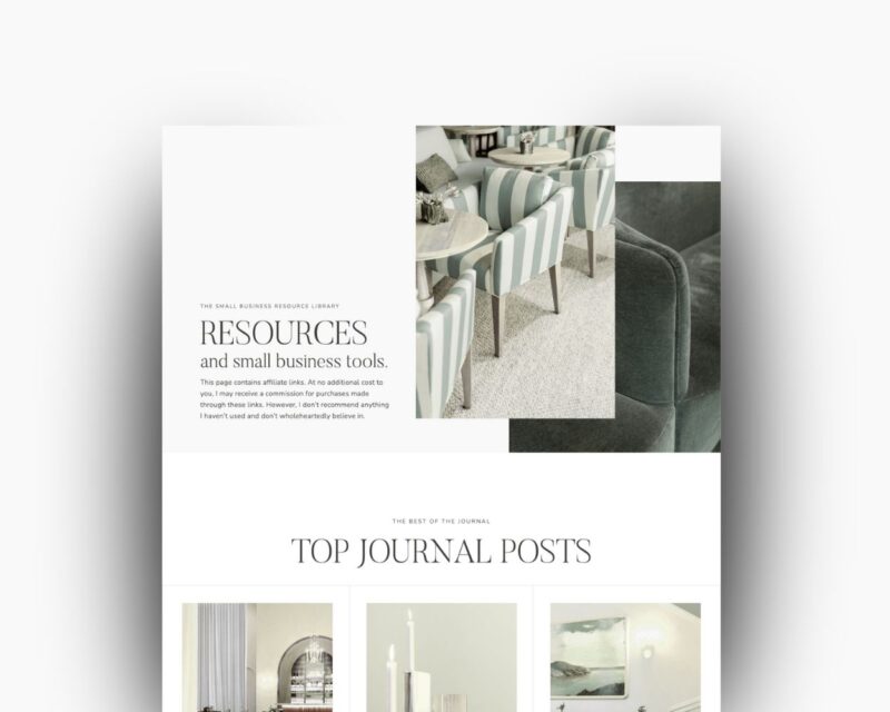 A minimalist Showit resources page template displayed on a white background, featuring soft neutral tones, a section titled “Resources and small business tools,” and images of modern striped chairs and cozy interiors.