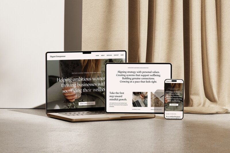 Elegant Entrepreneur Showit template displayed on a laptop, tablet, and smartphone screen, showcasing a minimalist, wellness-focused design with soft neutral tones and intentional messaging for female entrepreneurs and coaches.