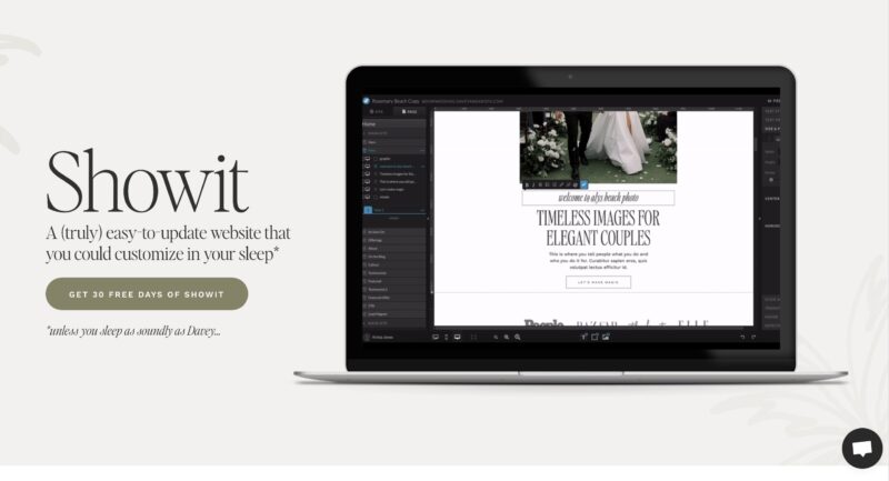 Laptop showing Showit builder with headline about easy site customization in your sleep.