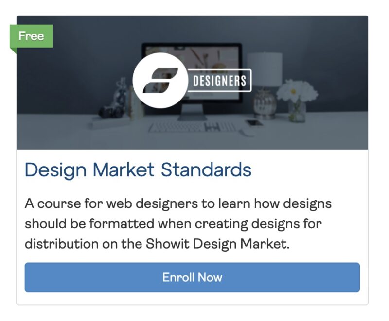 Free course card about creating templates for the Showit Design Market.